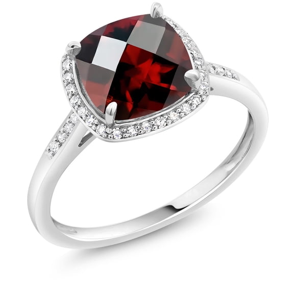 Gem Stone King Cushion Checkerboard Red Garnet 2.40 Ct 10K White Gold Ring with Accent Diamonds