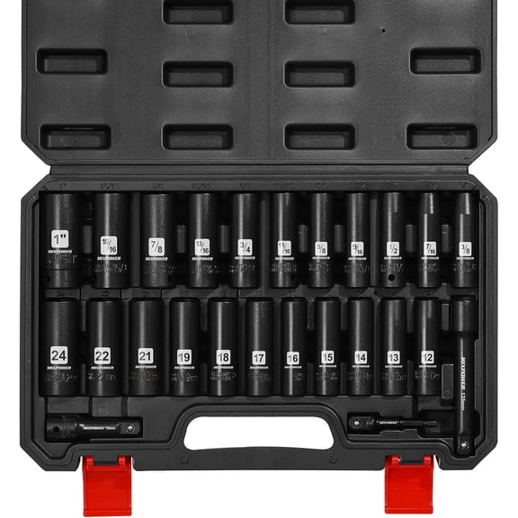 MIXPOWER PRO 25PCS 1/2" Drive Deep Impact Socket Set, 6-Point, Metric (12 to 24mm) , SAE (3/8" to 1") , With Extension bars (3", 5") , Adapter (1/2"-1/4") , Cr-V Steel, with Sturdy Storage Case
