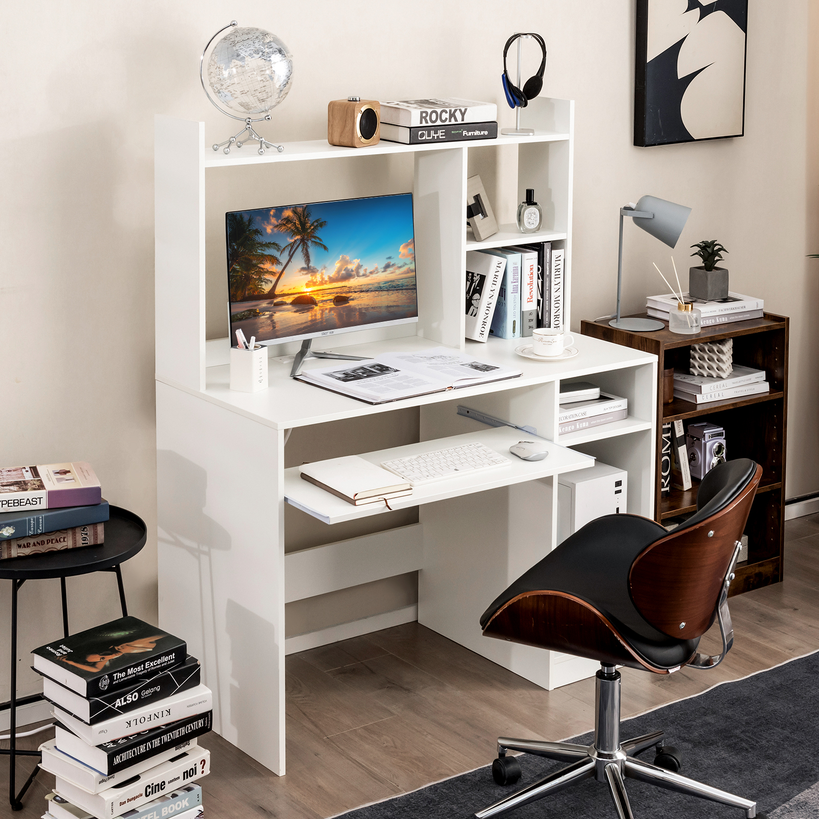 Topbuy Computer Desk w/ Charging Station 43.5” Gaming Table Workstation w/ Keyboard Tray CPU Stand & Storage Shelves White