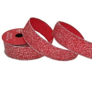 Holiday Time Gift Wrap Ribbon, Red Satin with RD/WHI Glittr Print, Polyester, 1.5"/15'