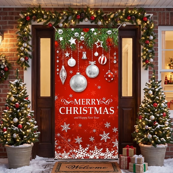 36x72in Red Merry Christmas Door Cover Snowflake Banner for Front Door