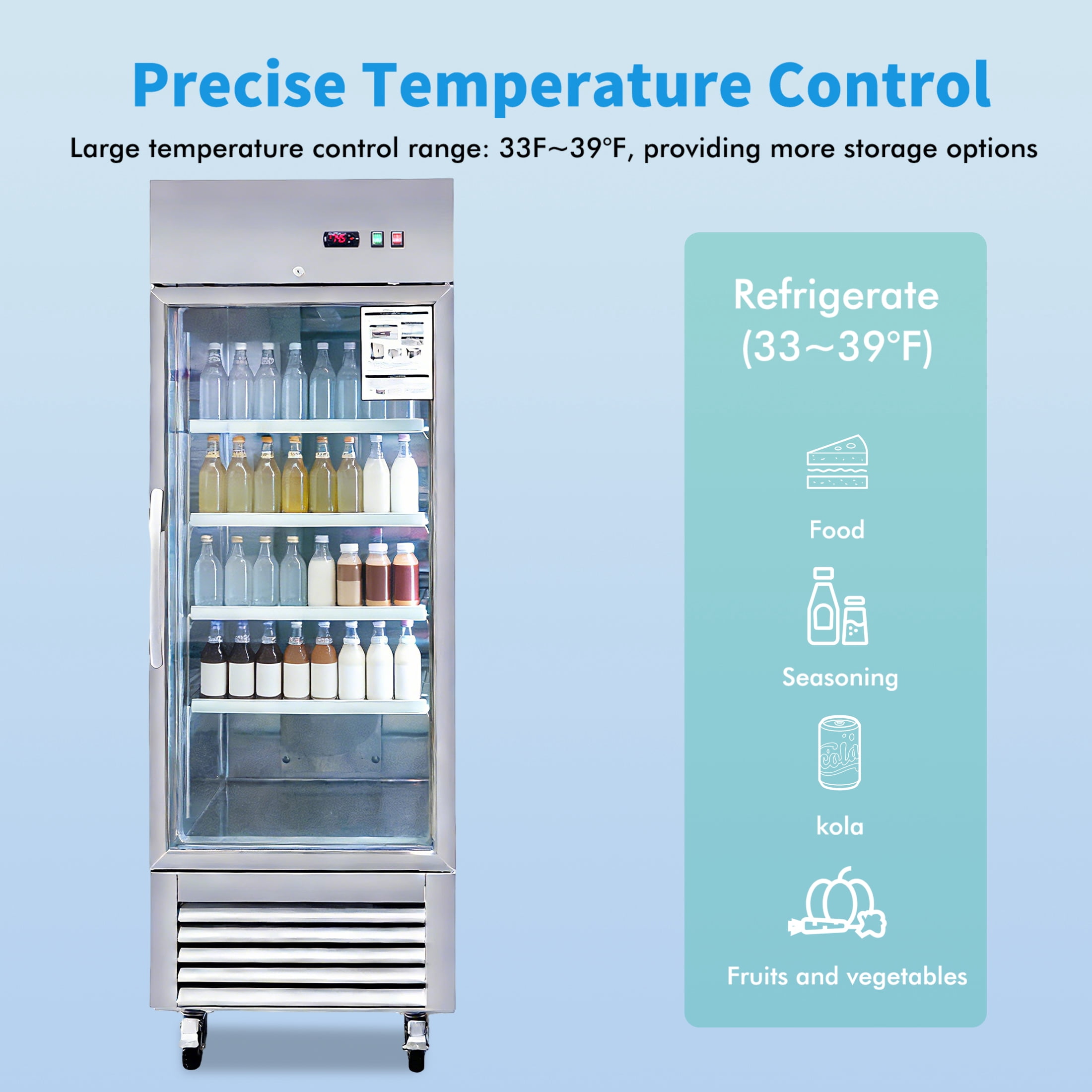 CTOSPOATO 27"W Commercial Refrigerator 1 Glass Door Stainless Steel Interior and Exterior Construction 18.68 Cu.ft.for Restaurant,Bar,Shop