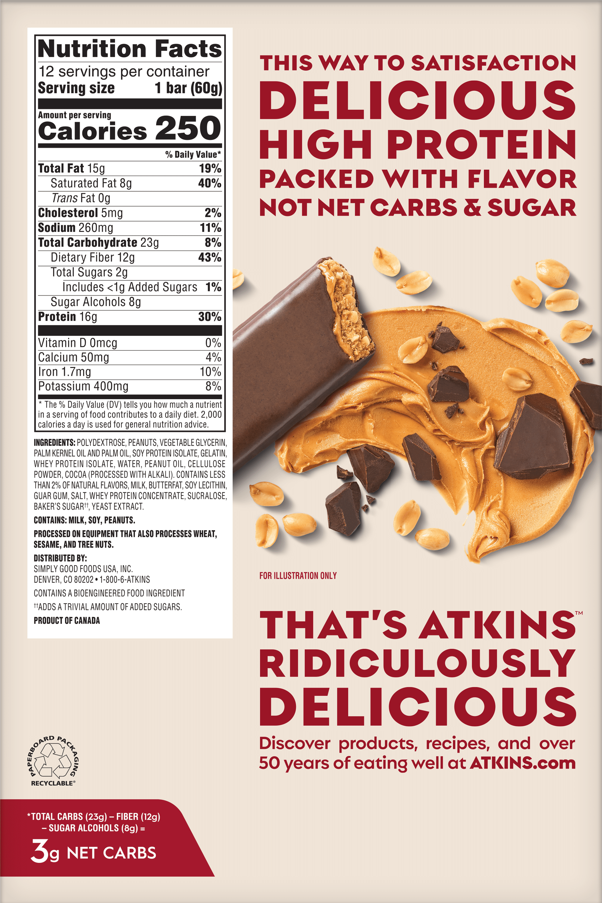 Atkins High Protein Bar, Chocolate Peanut Butter, 12 Count