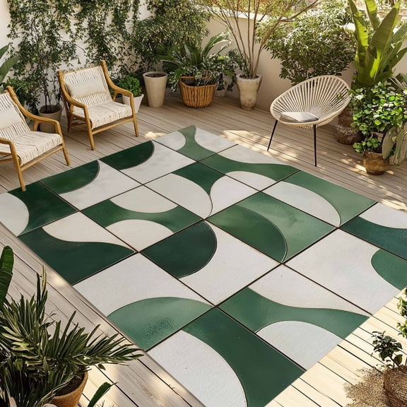 Fsddascl Green Geometric Outdoor Rug for Patio/Deck/Porch, Non-Slip Large Area Rug 4 x 6 Ft, Retro Abstract Modern Minimalist Indoor Outdoor Rugs Washable Area Rugs, Reversible Camping Rug Carpet