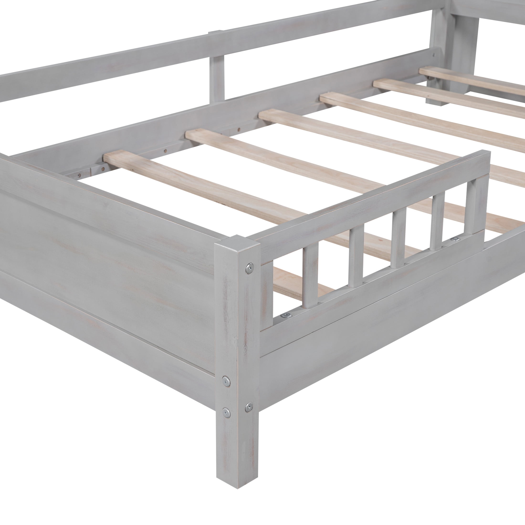Noble House Twin Platform Bed with Built-in LED Storage Headboard and Safety Guardrails, Space Saving Design, Gray