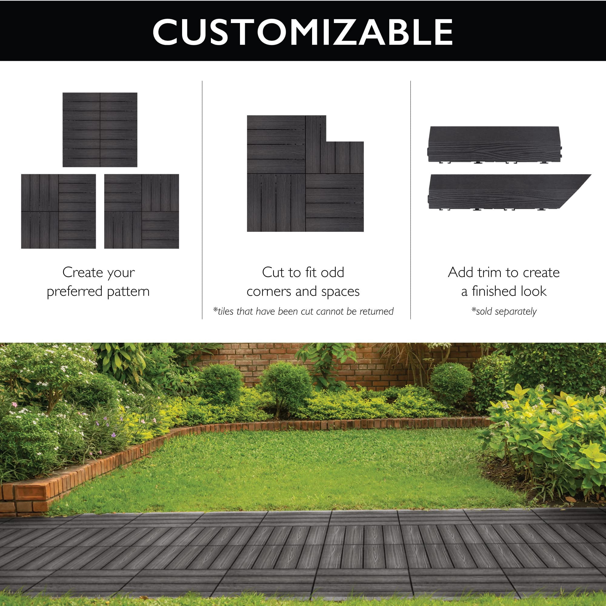 Design House 12" x 12" Interlocking Wood Composite Waterproof Deck Tiles, Modern Ebony Black, 6 Pack
