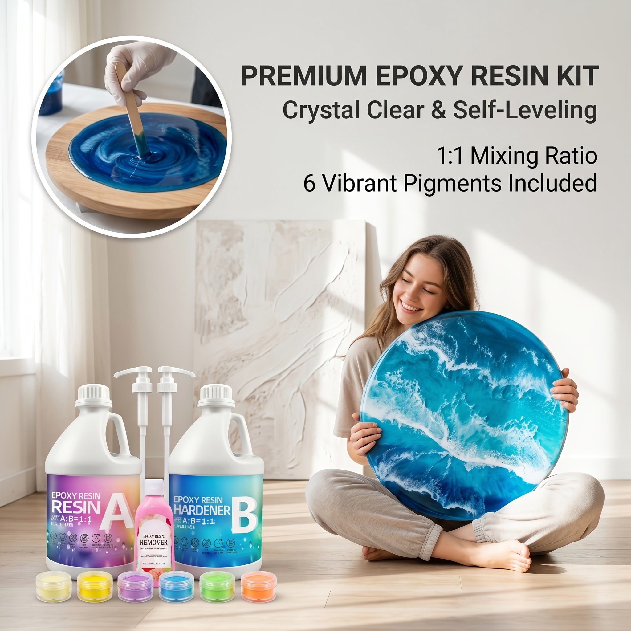 Epoxy Resin Kit 1GAL with 250ml remover and 6 color power, 1:1 Mixing Ratio, Bubble Free & Anti-Yellowing - High Gloss Casting & Coating Resin for Jewelry, River Tables, Bar Top, Countertops & Wood