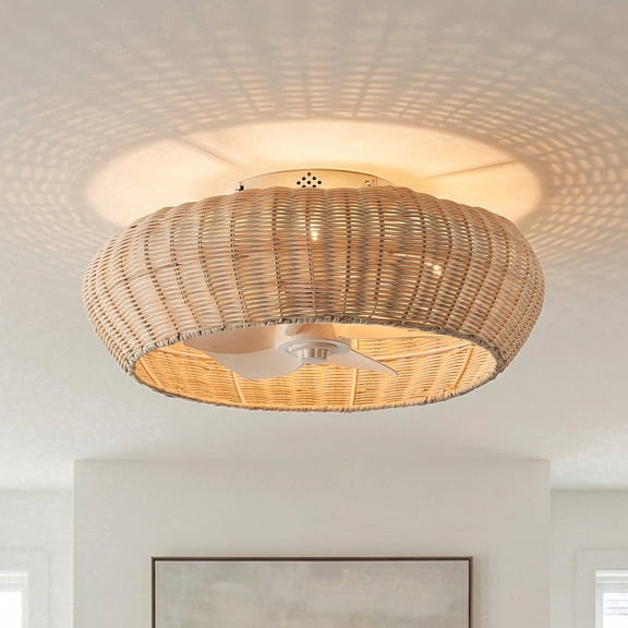 20" Rustic Natural Handwoven Rattan Flush Mount Ceiling Fan with 4-Light and Remote