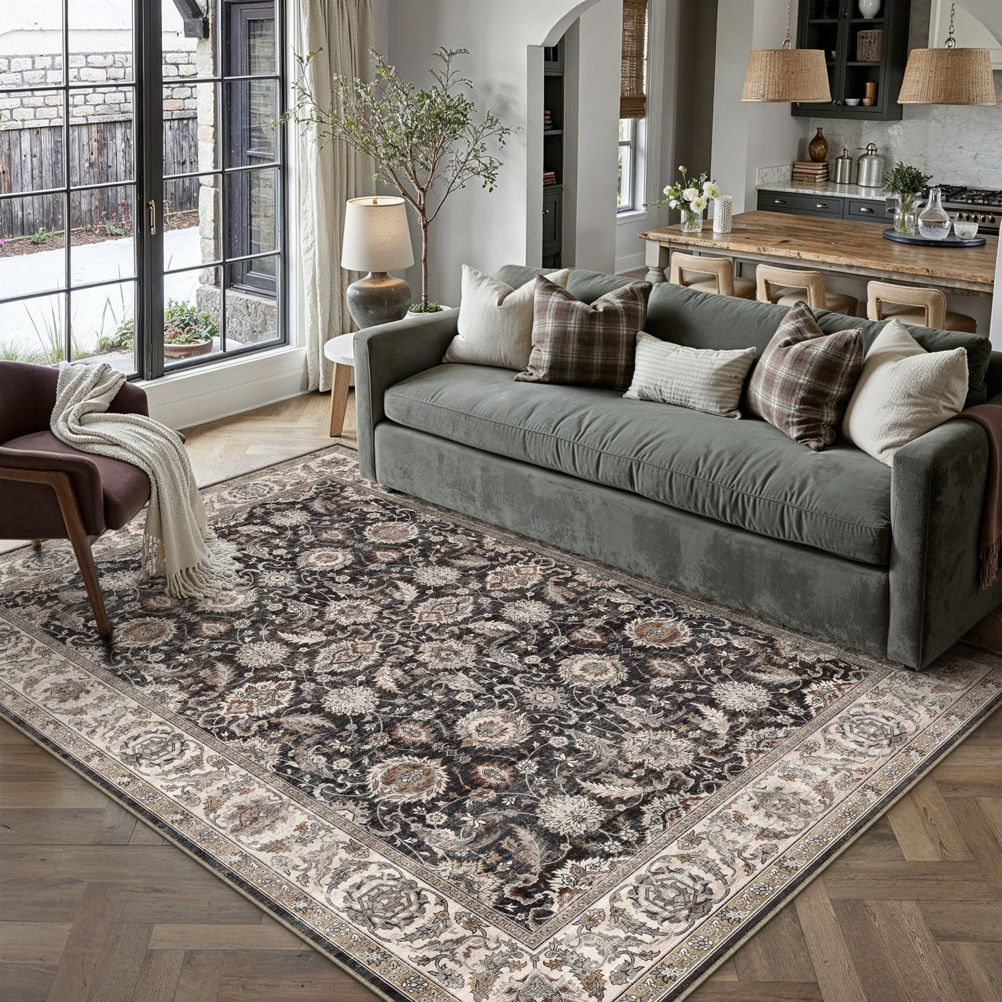 BERTHMEER 8'x10' Area Rugs for Living Room Large Vintage Black and beige Carpets for Bedroom Office Machine Washable Farmhouse Dining Room Oriental Rugs Non Slip Traditional Distressed Rugs