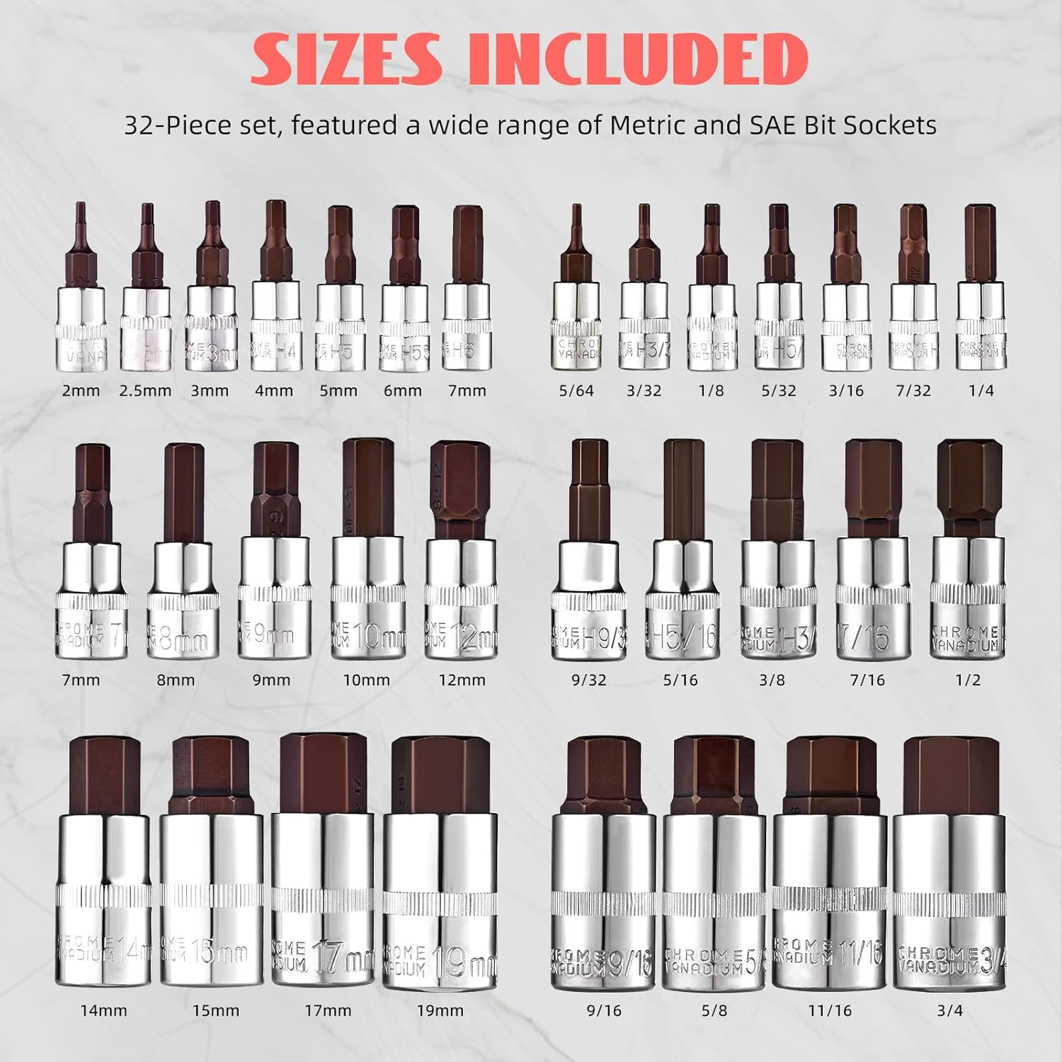 Master Hex Bit Socket Set 32-Piece, Allen Socket Set, 1/4'', 3/8”& 1/2'' Hex Drive Sockets, SAE & Metric, S2 Alloy Steel Combine with Cr-V, 5/64” to 3/4”，2mm to 19mm