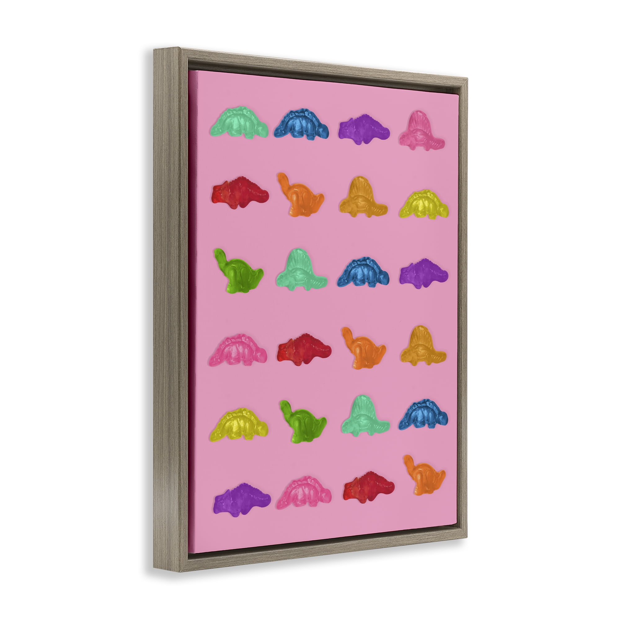 Stupell Industries Dinosaur Gummies on Pink Brown Framed Floater Canvas Wall Art, design by LISH Creative