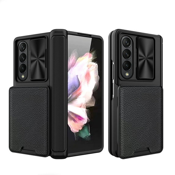 ELEHOLD Hybrid Rugged Case for Samsung Galaxy Z Fold 4,with Removable Card Slot Sliding Camera Lens Protector Screen Protector Shockproof Magnetic Case for Samsung Z Fold 4,Black