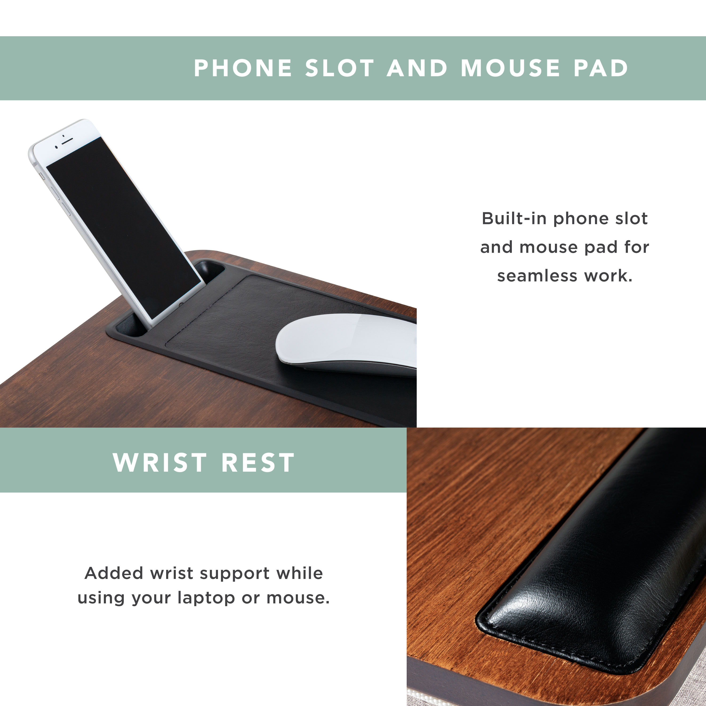 Rossie Home Premium Wood Lap Desk with Wrist Rest, Mouse Pad and Phone Holder, Java Acacia