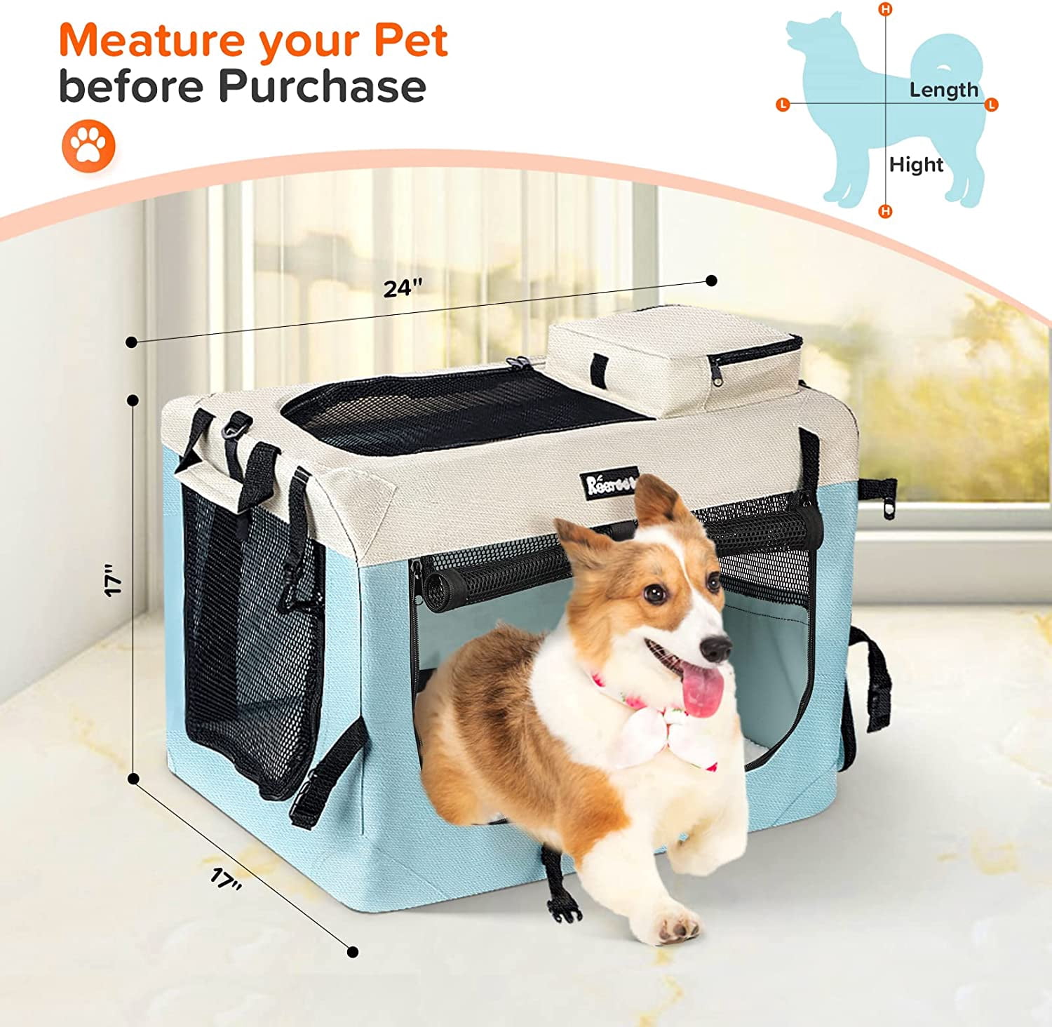 Large Collapsible  with Bowls, 24x17x17" Soft Travel Bag for Cats & Dogs, Blue