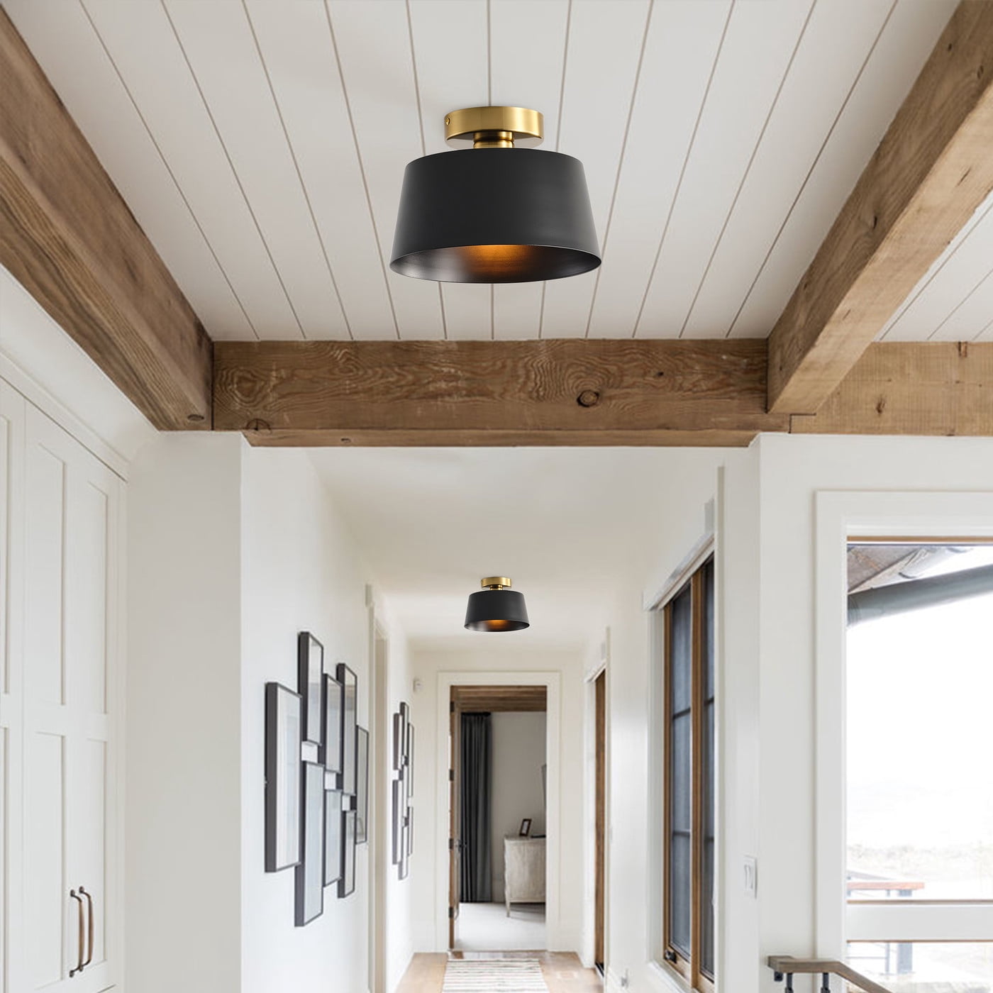 Aiwen Semi Flush Mount Ceiling Light Fixture Drum Light With Black Metal Shade Modern Lighting For Bedroom Hallway Living Room