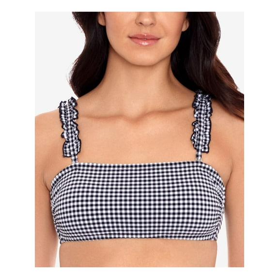SALT   COVE Women's Black Gingham Stretch Removable Cups Bandeau Convertible Ruffled Swimsuit Top XS