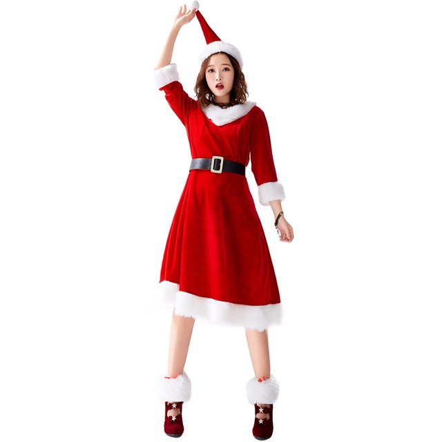 4 Piezas Vestido de Navidad con Capucha para Mujer Vestido de Tutú de Terciopelo Vestido de Princesa Rojo de Navidad Disfraz de Madre Navidad Vestido de Cosplay Fiesta Elfos Actuación navide