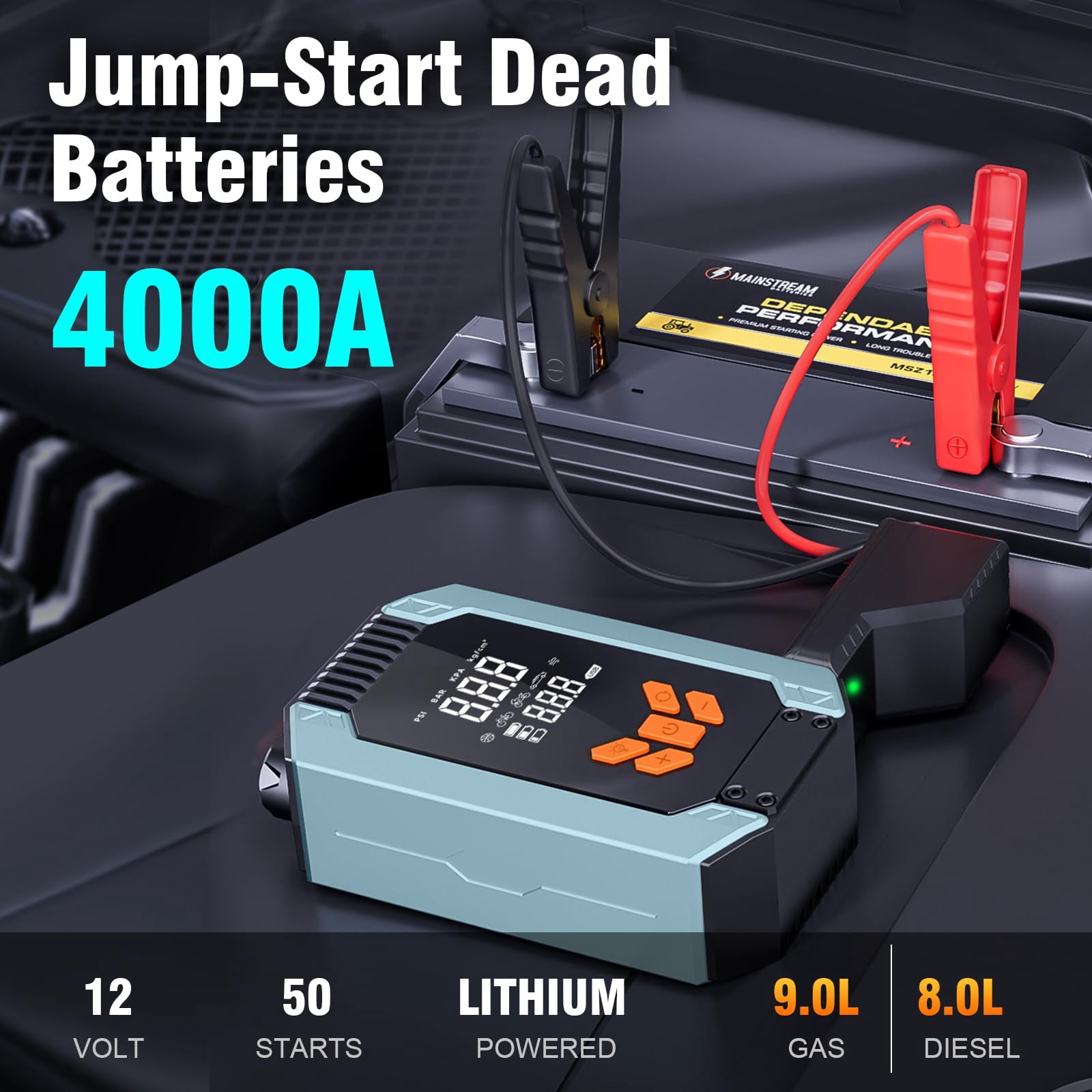 Portable Car Jump Starter 4000A Peak 12V with Air Compressor (150 PSI), Smart Jumper Cables, LED Light and LCD Display
