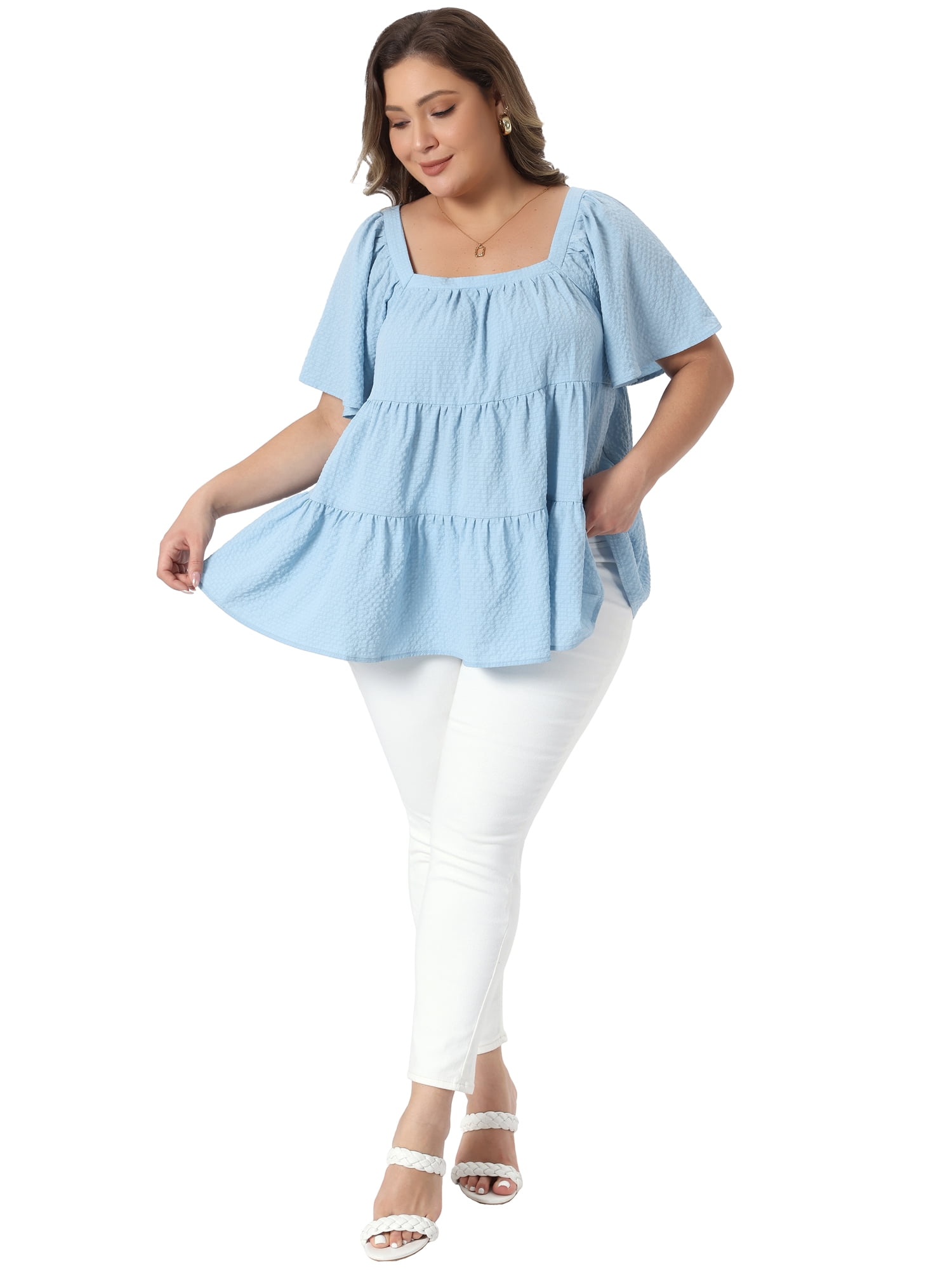 DARING DIVA Women's Plus Summer Square Neck Short Sleeve Tops 3X Light Blue