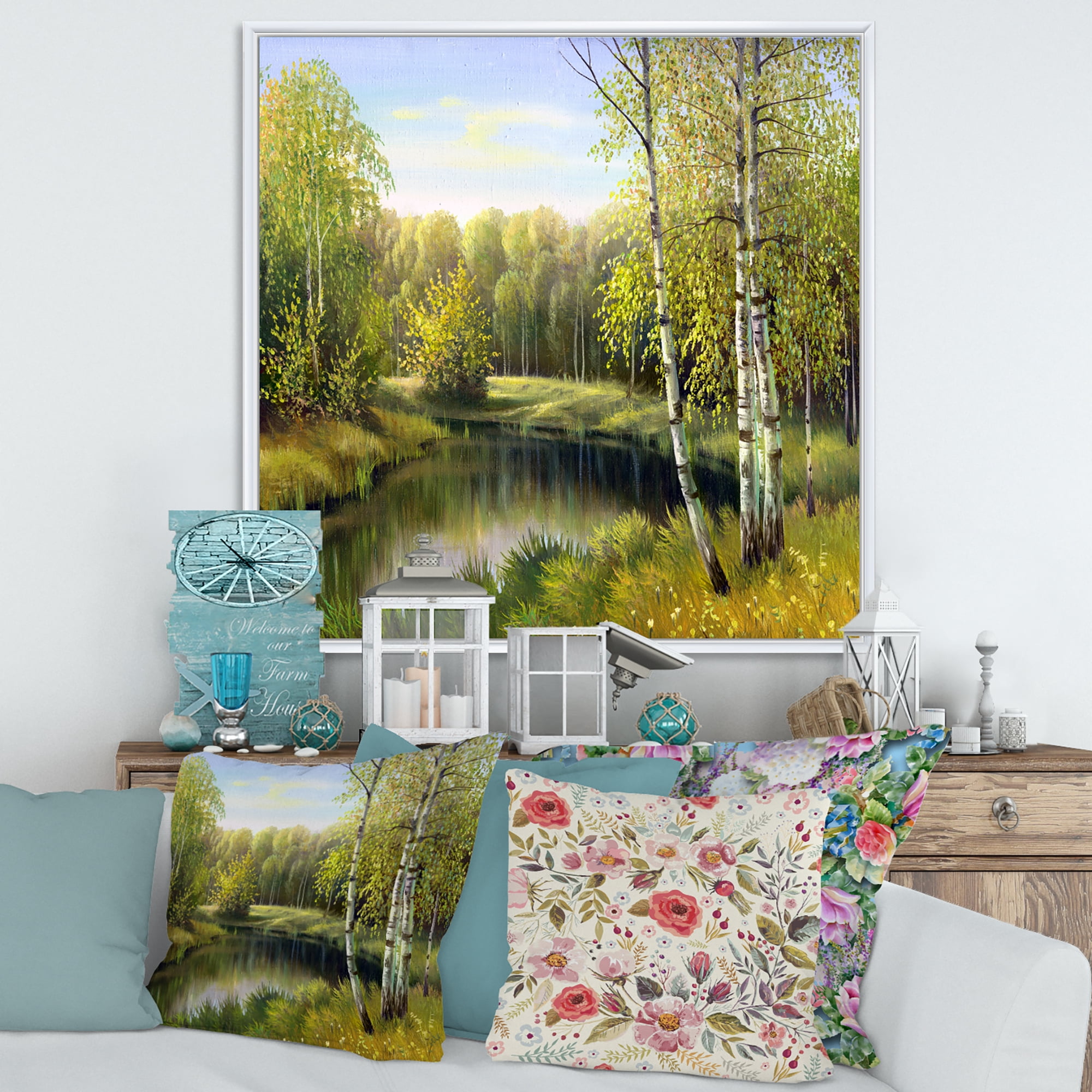 The River In Silent Green Nature Through Birches 16 in x 16 in Framed Painting Canvas Art Print, by Designart