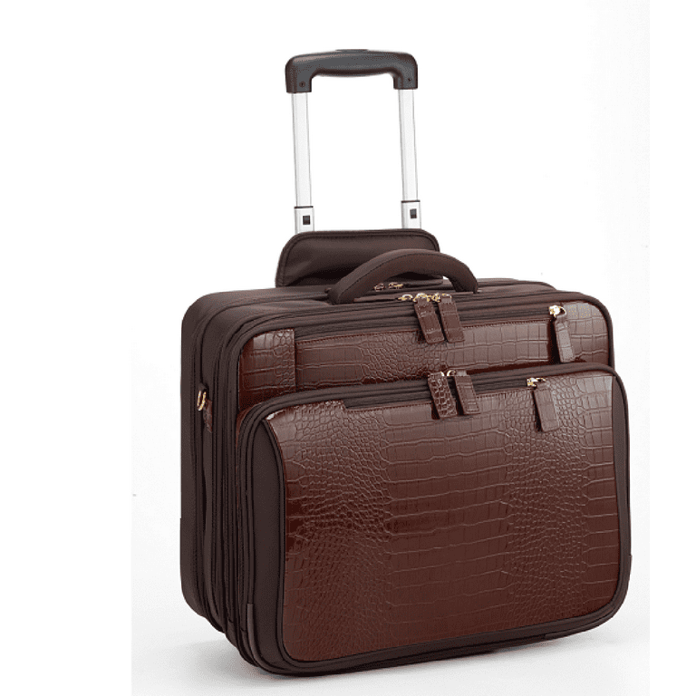 Croco Wheeled Leather Laptop Bag Rolling Briefcase for Business Travel,  Roller Bag Fits 17 to 17.3 inch Notebook (Brown) 