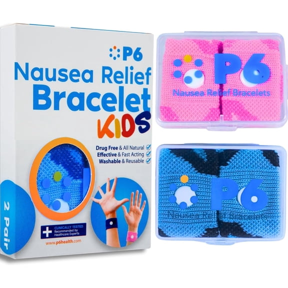 P6 Motion Sickness Bands for Kids Children’s Wristbands for Anti Nausea Sea Cruise Travel Car Sickness All-Natural Non Drowsy Relief Acupressure Treatment (2 Pack, Pink - Blue)