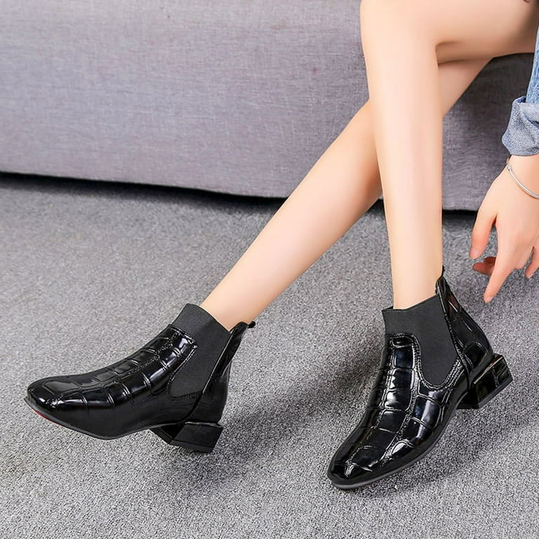 OAVQHLG3B Women's Square Toe Solid Low Cut Square Heel Patent Leather Sleeve Short Boots