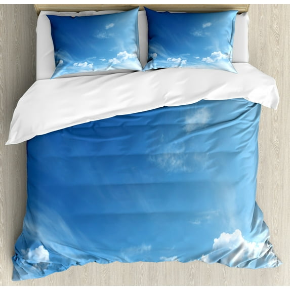 Sky Duvet Cover Set King Size, Blue Sky Inspirational Sun Rays and Clouds Weather Environment Themed Idyllic Image, Decorative 3 Piece Bedding Set with 2 Pillow Shams, Blue White, by Ambesonne