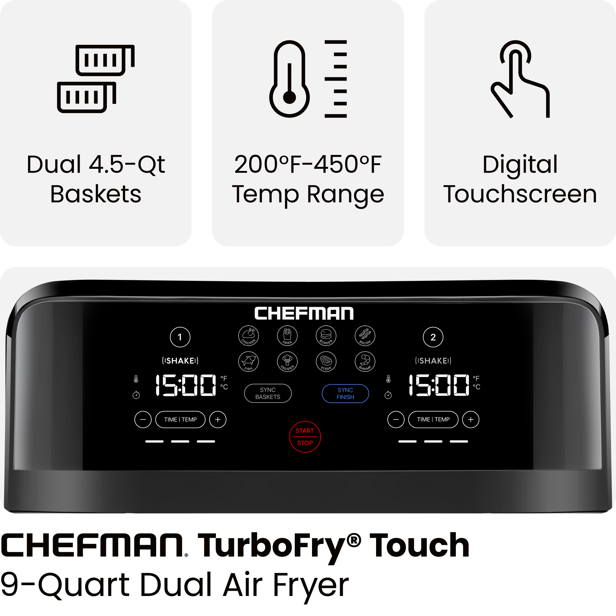 Chefman Turbofry Dual Basket Air Fryer w/ Digital Touch Display, 9 Qt Capacity - Black, New - image 3 of 8