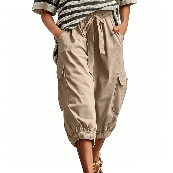 Pounoo Women's Cargo Capri Pants Elastic Drawstring Waist Multi Pocket Casual Streetwear Loose Fit Lightweight Durable Comfortable Trousers Gift