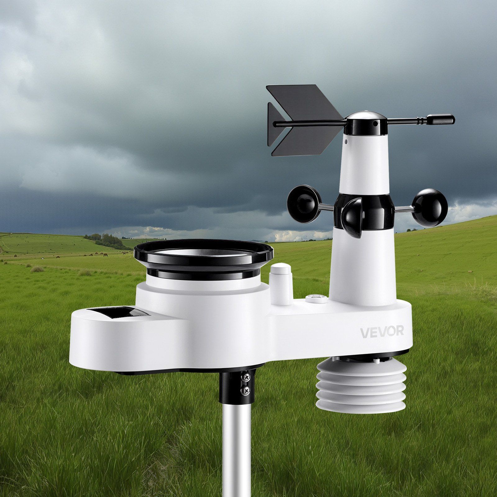 5-in-1 Wireless Weather Station with 7.5-Inch HD Display, Indoor Outdoor Thermometer Sensor, Solar Powered, Smart Alerts, IPX6 Waterproof, 492 ft Transmission, for Home, Garden, Farm Use