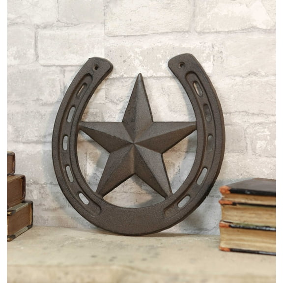 10"W Rustic Cast Iron Cowboy Horseshoe With Western Star Wall Decor Art Plaque