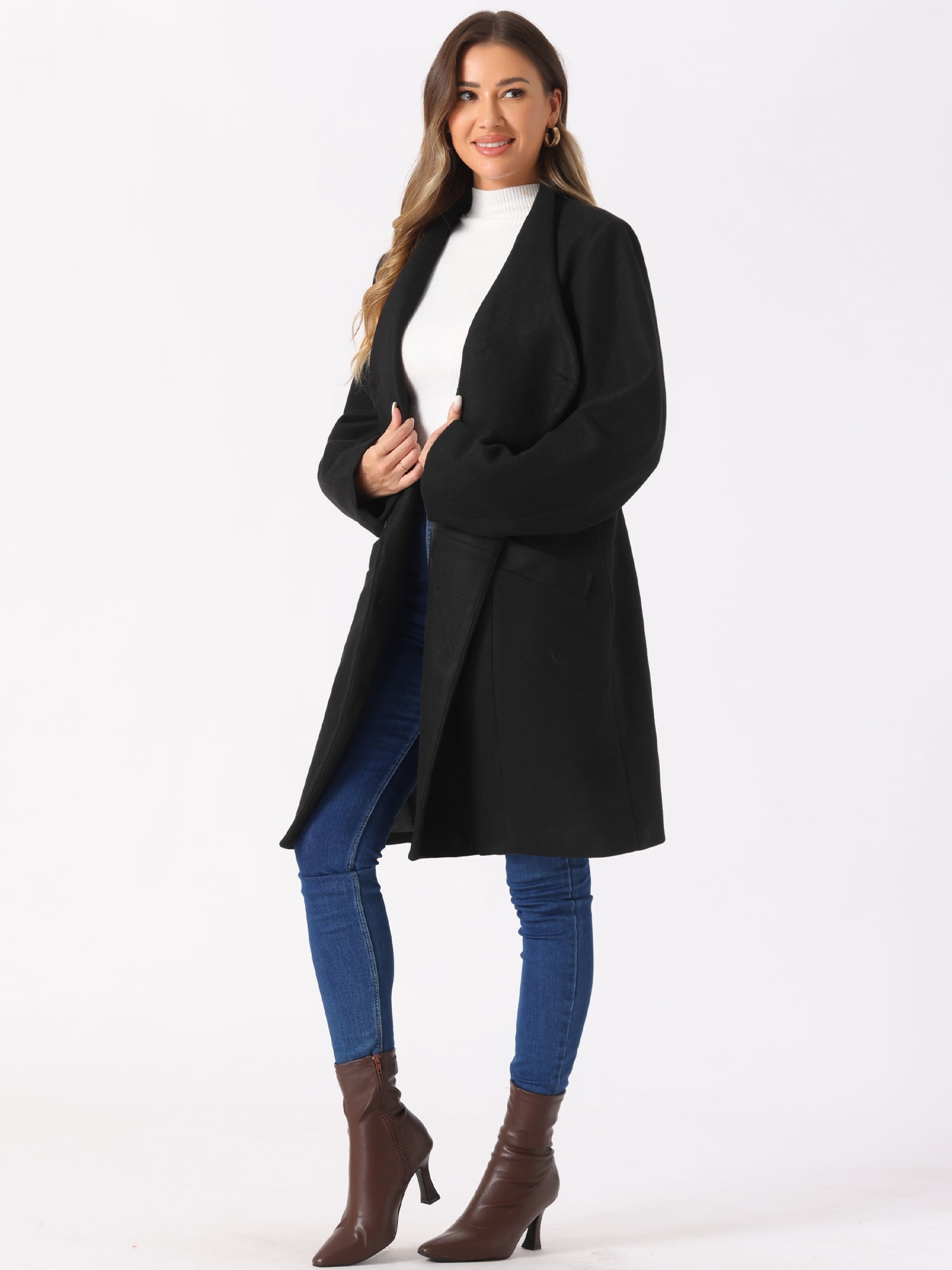 DARING DIVA Women's Stand Collar Long Sleeve Belted Pearl Button Midi Coat Black L
