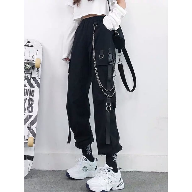 Pantalones negros atractivos de cintura alta adelgazantes para mujer, de otoño, holgados, rectos, estilo coreano, con cadena de moda