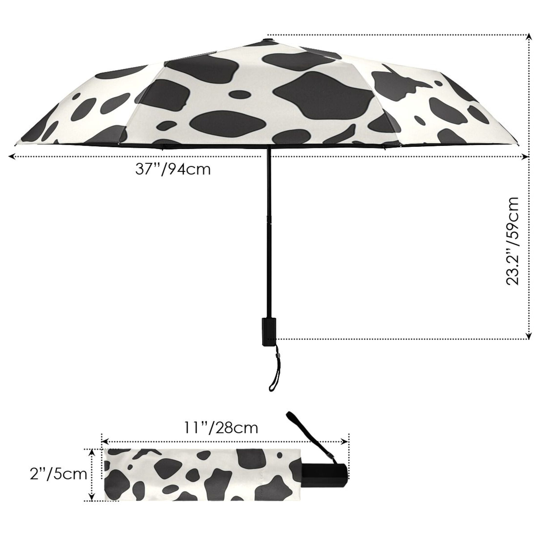 Cow Spots All Weather Umbrella Triple Folding Parasol 6 Ribs UV Protection Portable