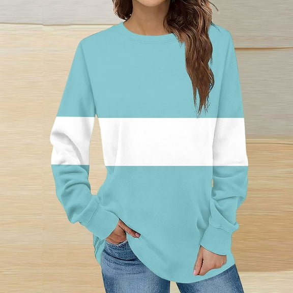 Xcmzpl Sweatshirts for Women Plus Size Color Block Crewneck Sweatshirt Trendy Sweater Tops Tunic Long Sleeve Shirts Fall Fashion