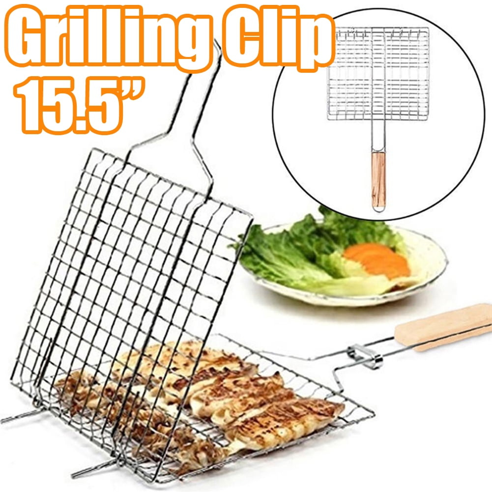 BBQ Grill Basket Turner for 3 Fish with Wooden Handle 