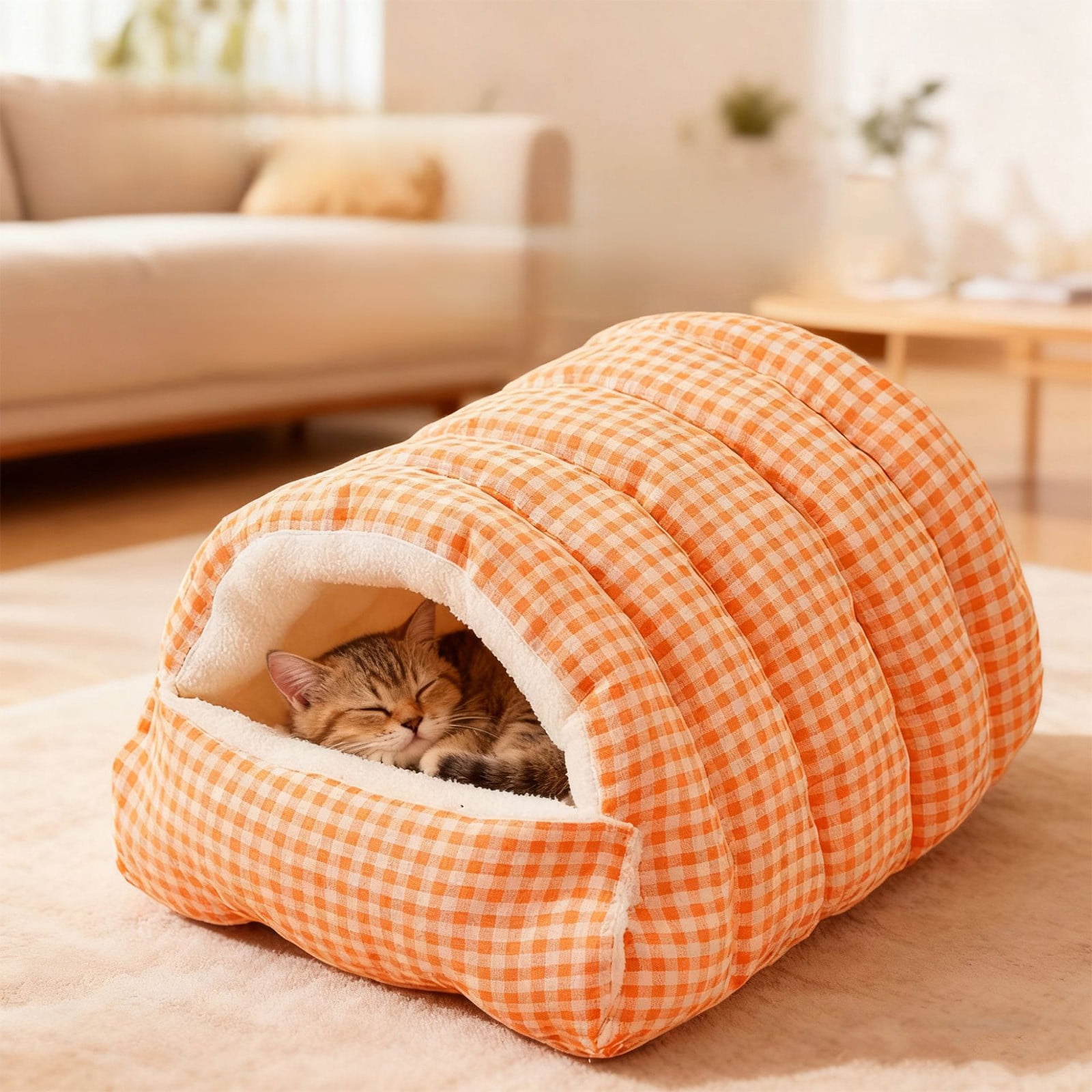 2 In 1 Hooded Pet Bed for Small Dogs & Cats, Winter Plush Calming Dog & Cat Cave bed for Indoor Outdoor, Wear-resistant Removable Washable Dog & Cat House with Non-Slip Bottom，Plaid