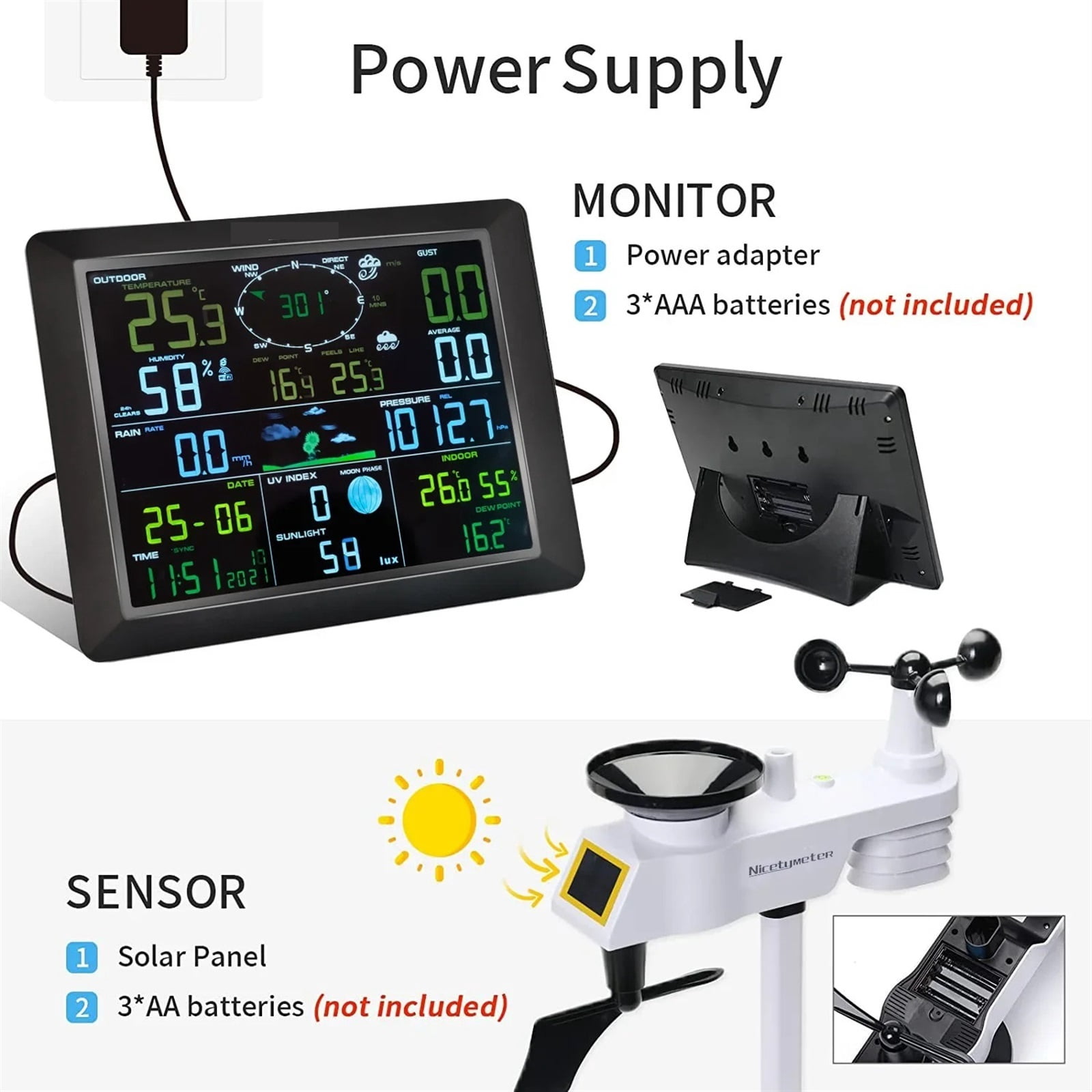0310 Professional Weather Station Internet Wireless with Outdoor Sensor Rain Gauge Weather Forecast Wind Gauge NicetyMeter ,High Precision