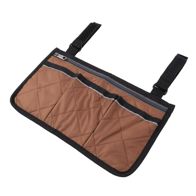 OULII 1Pc Durable Coffee Wheelchair Side Storage Bag Multi Pockets for Mobility Scooter