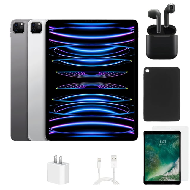 Reacondicionado Apple iPad Pro 12.9" (6th Gen) A2764 (WiFi + Cellular Desbloqueado) 128GB Plata (Grado A) Paquete con Funda, Auriculares Inalámbricos, Protector de Pantalla de Vidrio Templado