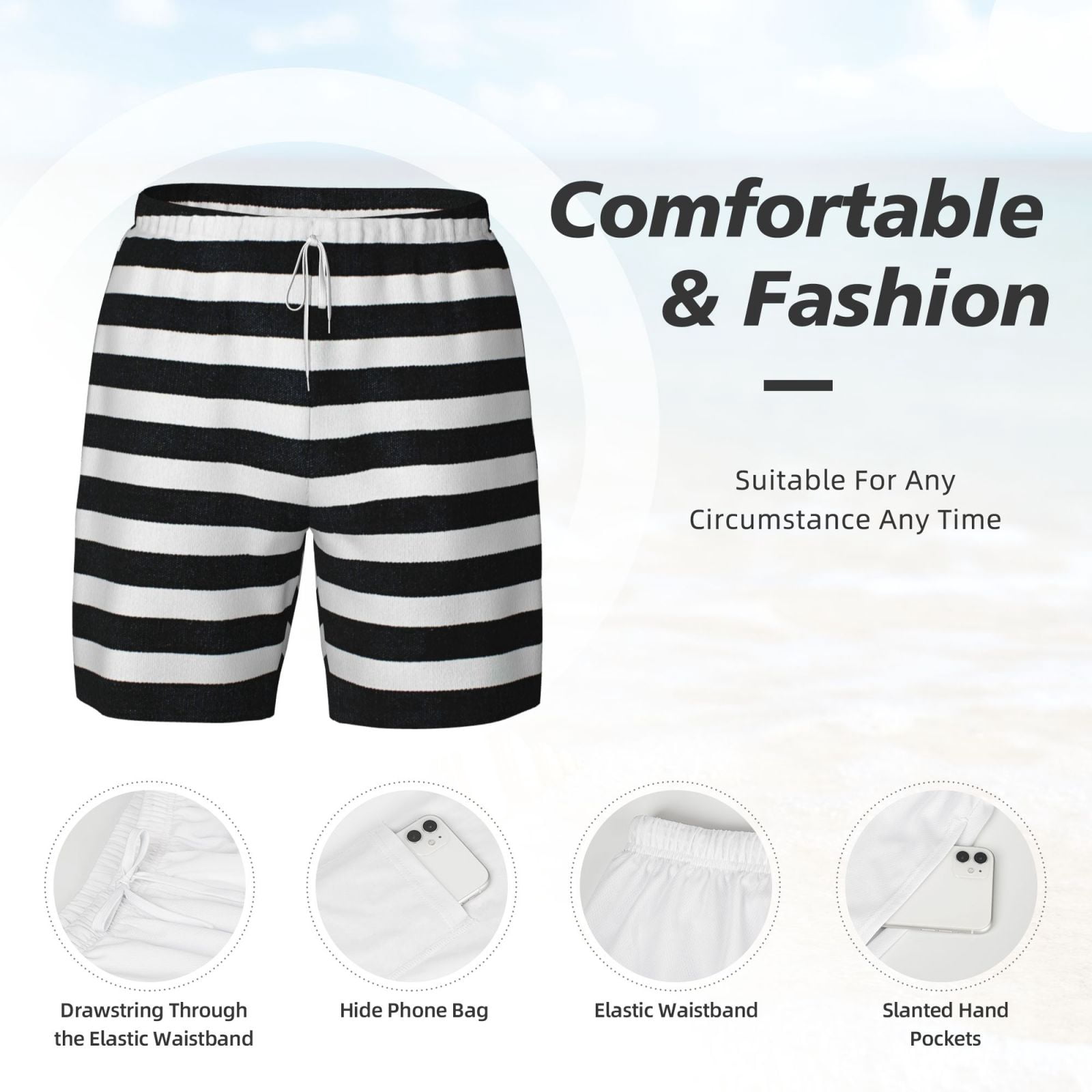 Xecao Black And White Stripes for Men's Swimming Trunks Swim Trunks Quick Dry Swim Shorts with Mesh Lining Funny Swimwear Bathing Suits