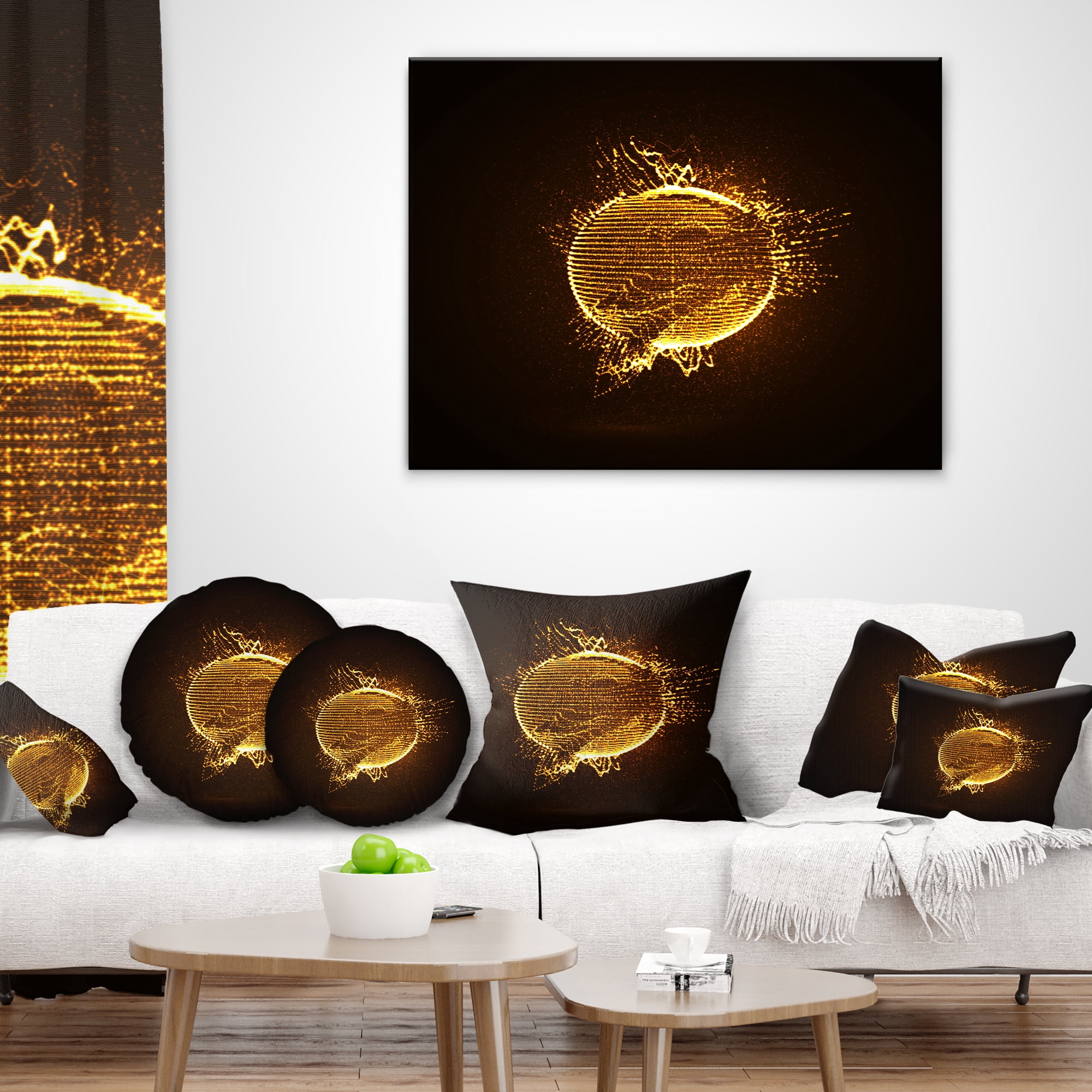 Designart Yellow Glowing Particles - Abstract Throw Pillow - 12x20