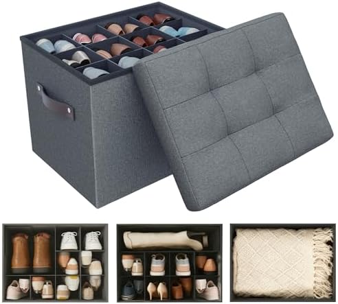 Storage Ottoman Shoe Organizer for Closet - Adjustable Dividers Storage Box for Shoes | Clothes | Toy | Blanket, Foldable Foot Stool Small Bench Shoe Cabinet for Living Room & Bedroom