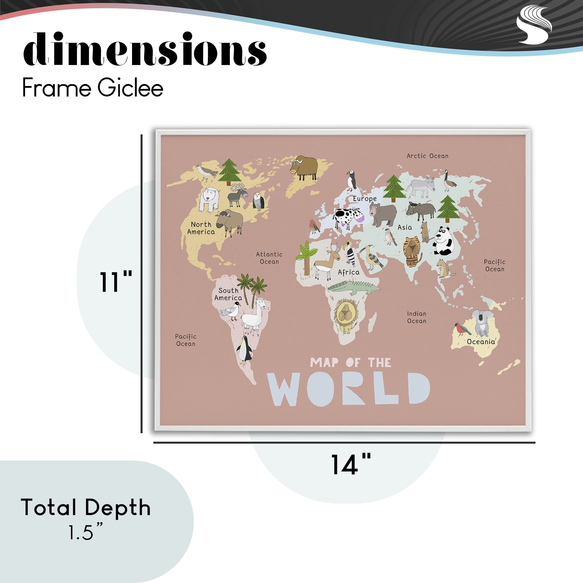 Kid's Map Of World Pink White Framed Giclee Art, design by Carla Daly