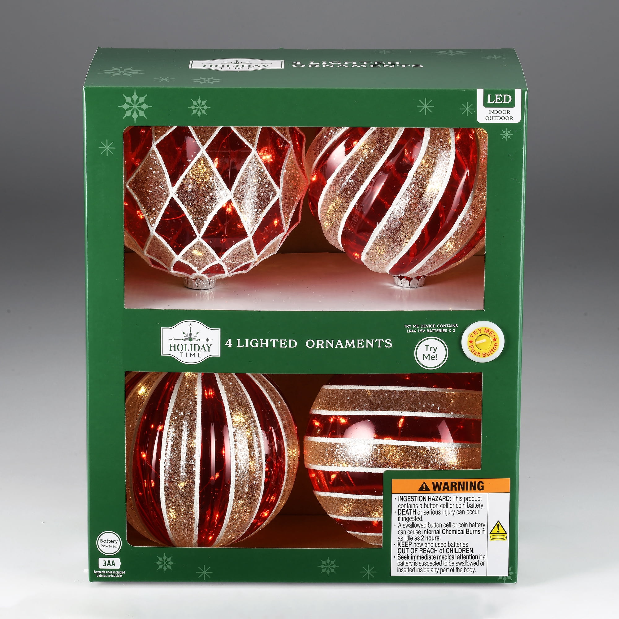 Indoor/Outdoor Red and White Battery-Operated LED Shatterproof Ball Christmas Ornaments, 4 Count, by Holiday Time