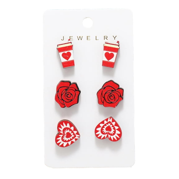 Deeceymbur Earrings Wooden Studs Valentine Day Gift Set for Women 6 Piece Heart Rose Teddy Bear Dainty Jewelry Gift Idea