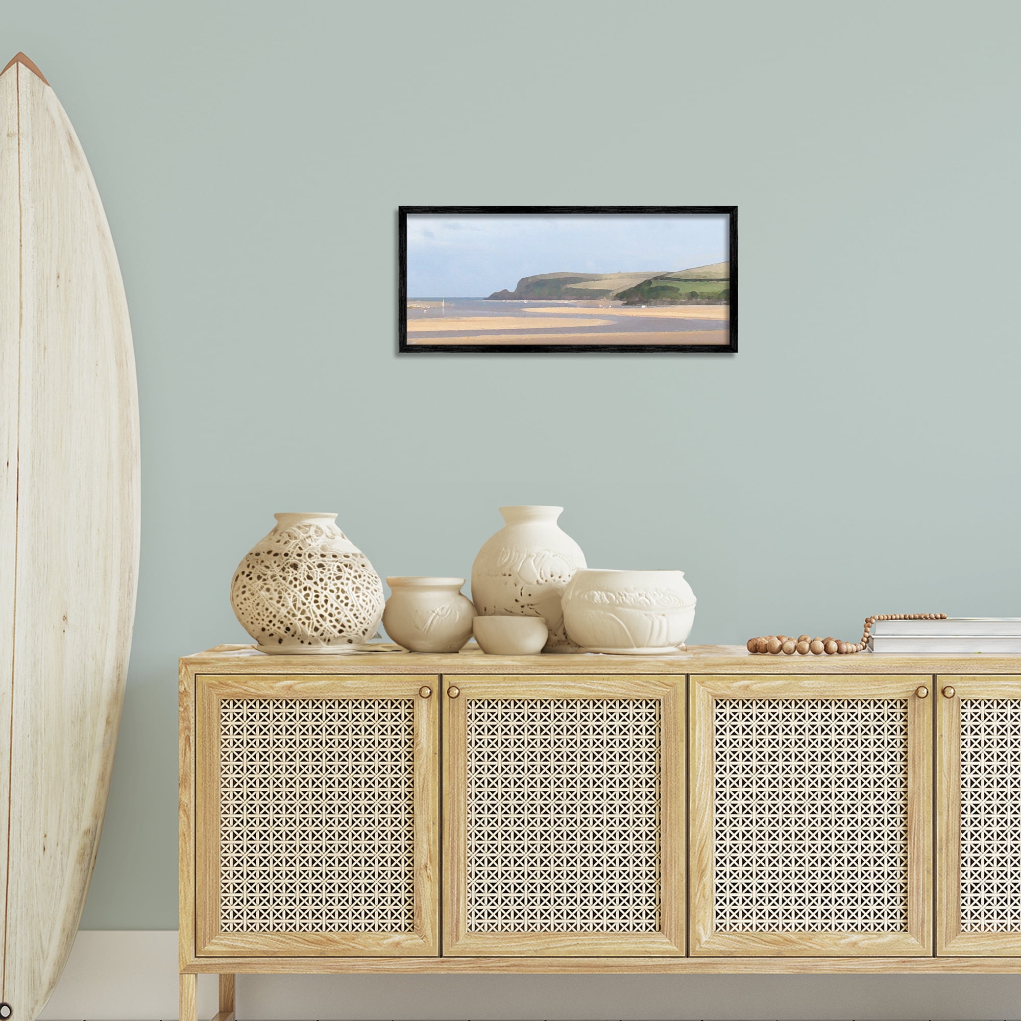 Stupell Industries Sunlit Sands Beach Landscape Painting Black Framed Art Print Wall Art, 24 x 10