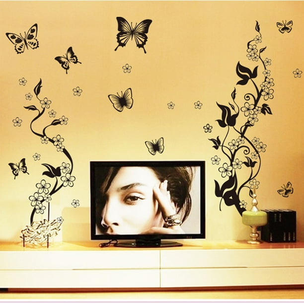 Hongchun Un Ensemble de Stickers Muraux Fleur Papillons Noirs Creative  Sticker Mural Amovible Déco Autocollants pour Chambre Salon Décoration 