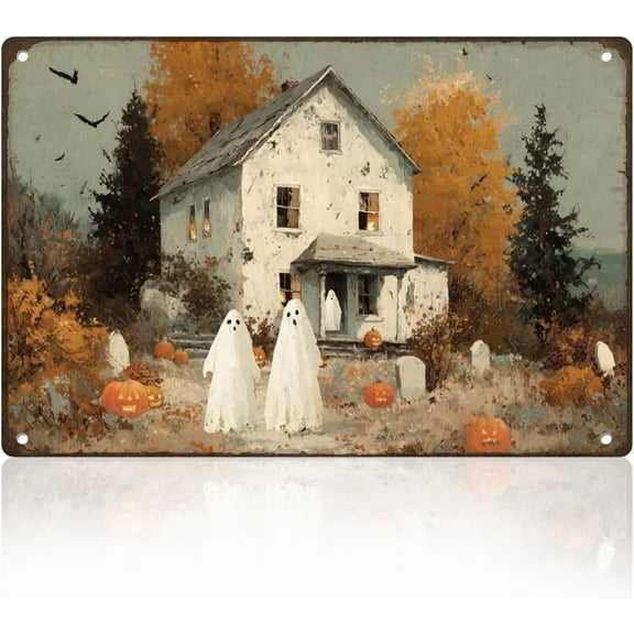 DOODLREAM Halloween Cute Ghosts Tin Sign Retro Metal Wall Decor 8" x 12" Vintage Fall Pumpkin Farmhouse Wall Art Poster for Home Cafes Bathroom Garden Gallery Man Cave Office Clubs Decor Gift